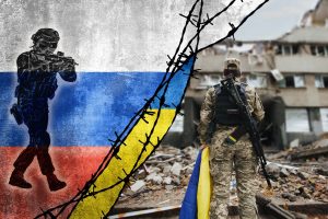 Ukrainian military woman with the Ukrainian flag in her hands on the background of an exploded house