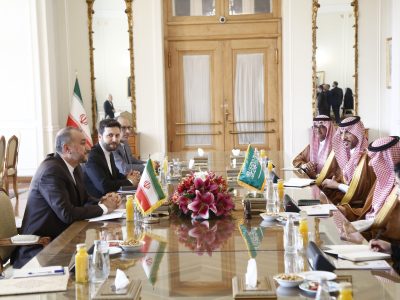 TEHRAN, IRAN - JUNE 17: Iranian Foreign Minister Hossein Amir-Abdollahian (L) speaks with his Saudi counterpart Faisal bin Farhan (2nd R) on June 17, 2023 In Tehran, Iran. Farhan arrived on June 17 in Tehran, in his first visit to Iran since a landmark rapprochement following a seven-year rupture.  (Photo by Matin Ghasemi/Borna News/Aksonline ATPImages/Getty Images)