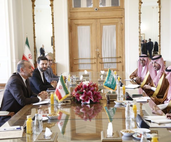 TEHRAN, IRAN - JUNE 17: Iranian Foreign Minister Hossein Amir-Abdollahian (L) speaks with his Saudi counterpart Faisal bin Farhan (2nd R) on June 17, 2023 In Tehran, Iran. Farhan arrived on June 17 in Tehran, in his first visit to Iran since a landmark rapprochement following a seven-year rupture.  (Photo by Matin Ghasemi/Borna News/Aksonline ATPImages/Getty Images)